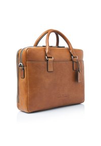 Brown leather briefcase with dual handles, silver hardware, a smooth texture, and a tag attached, featuring a sleek and structured design.