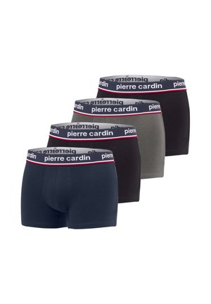Ensemble de quatre boxers en coton extensible dans des couleurs bleu marine, vert foncé, gris foncé et noir. Chacun présente une ceinture élastique à logo avec des accents rouges.