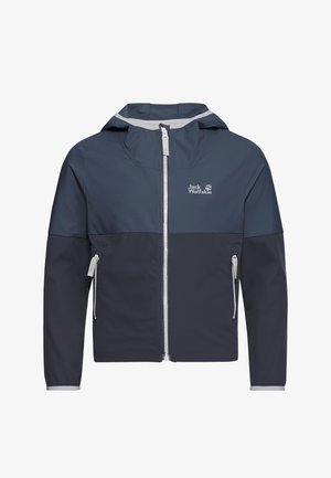 Veste à capuche pour enfants en bleu foncé et bleu marine, avec fermeture éclair sur le devant, poches latérales zippées, et logo Jack Wolfskin sur la poitrine.