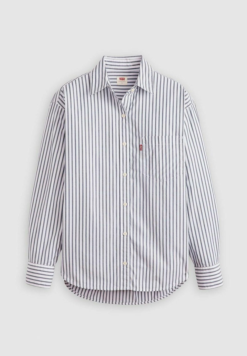 Koszula zapinana na guziki w pionowe granatowe i białe paski, z długimi rękawami, zaokrąglonym dołem i kieszonką na piersi. Wykonana z lekkiego materiału.