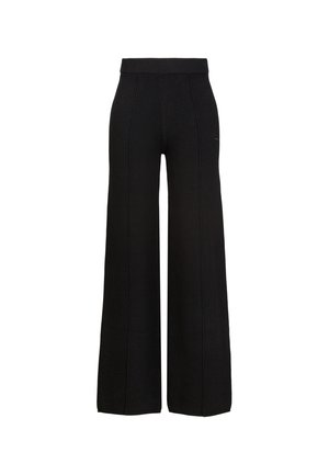 Black high-waist wide-leg pants with vertical seams and a ribbed elastic waistband, displayed against a white background.