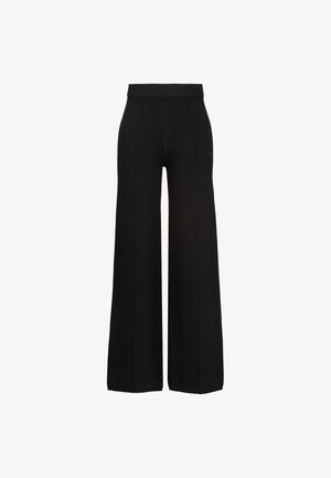 Black high-waist wide-leg pants with vertical seams and a ribbed elastic waistband, displayed against a white background.