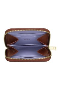 Brown leather wallet with a textured exterior, gold zipper, and a lavender interior featuring multiple card slots and compartments.