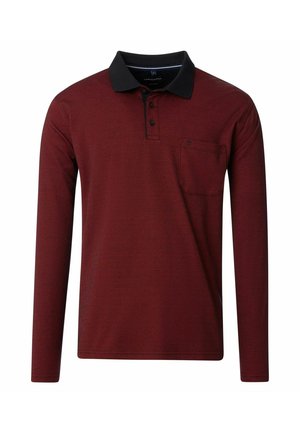 Langarm-Polohemd in Burgunderrot mit schwarzem Kragen, strukturiertem Stoff, einer Brusttasche und einer Knopfleiste mit drei Knöpfen.