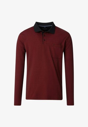 Langarm-Polohemd in Burgunderrot mit schwarzem Kragen, strukturiertem Stoff, einer Brusttasche und einer Knopfleiste mit drei Knöpfen.
