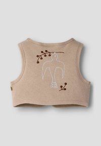 Beżowy bawełniany biustonosz typu braletka z zaokrąglonym dekoltem, zdobiony białymi i brązowymi haftowanymi ptakami i gałązkami na plecach. Gładka faktura.