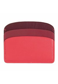 Portafoglio in pelle rosso e bordeaux con texture liscia, dotato di tre slot e cucitura a contrasto. Design rettangolare compatto.