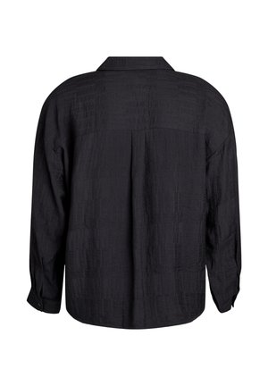 Camicia nera a maniche lunghe con tessuto strutturato, silhouette oversize e spalla posteriore. Presenta un colletto classico e polsini con bottoni.