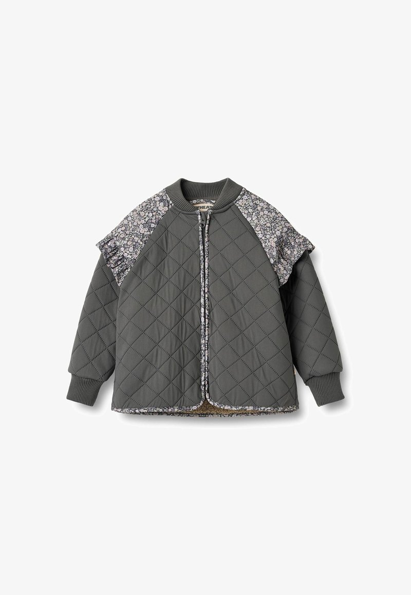 Szara pikowana kurtka z kwiatowymi akcentami na ramionach, prążkowanymi mankietami i zamkiem błyskawicznym; posiada miękką wewnętrzną podszewkę.