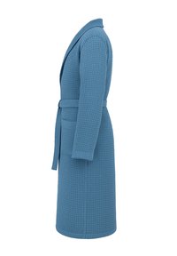 Blaue Bademantel mit Waffelstruktur, langen Ärmeln, einem Gürtel in der Taille und zwei Seitentaschen, der eine gerade Silhouette bewahrt.