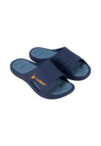 Sandali di gomma blu con una fascia testurizzata e un motivo esagonale sulla soletta. Presentano ritagli per la ventilazione e un logo arancione.