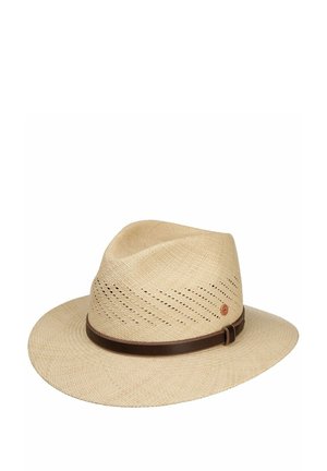 Beige woven straw fedora hat with perforated diagonal stripes and a dark brown leather band around the base of the crown.