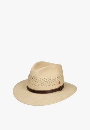Beige woven straw fedora hat with perforated diagonal stripes and a dark brown leather band around the base of the crown.