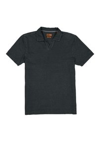 Dunkelgraues Poloshirt aus Baumwolle. Verfügt über einen klassischen Kragen, kurze Ärmel und eine subtile Textur. Etiketten sind am Kragen sichtbar.