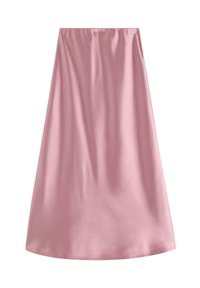 Gonna in satin rosa chiaro con una superficie liscia, forma a trapezio e vita elastica. Il design non presenta motivi né decorazioni.