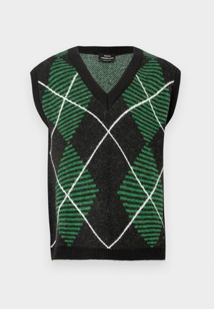 Sort ærmeløs sweater med et grønt og hvidt diamantmønster med teksturerede striber, V-hals og ribbet kant.