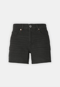 Short en denim noir avec bouton à l'avant, passants de ceinture et poches avant, présenté sur un fond clair uni.