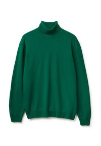 Zielony sweter z golfem wykonany z miękkiego materiału, z dopasowanym kołnierzem, długimi rękawami oraz prążkowaną teksturą przy mankietach i dole.