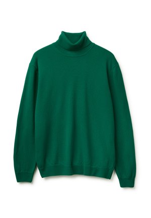 Zelený rolák vyrobený z měkkého materiálu, s úzkým límcem, dlouhými rukávy a žebrovanou texturou na manžetách a spodním lemu.