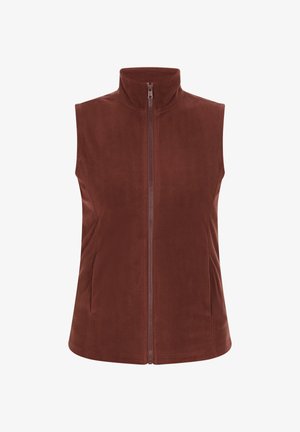 Brun fleece vest med høj krave og frontlynlås. Har to sidelommer, blød tekstur og en tætsiddende silhuet.