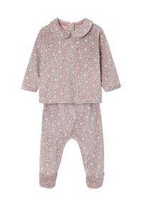 Pink floral baby outfit with a long-sleeve top featuring a rounded collar and matching pants. Made of soft, textured fabric.