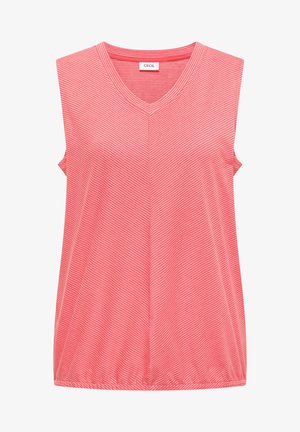 Haut sans manches rose corail avec des rayures diagonales blanches, col en V et ourlet froncé, étiqueté avec la marque "CECIL" à l'intérieur du col.