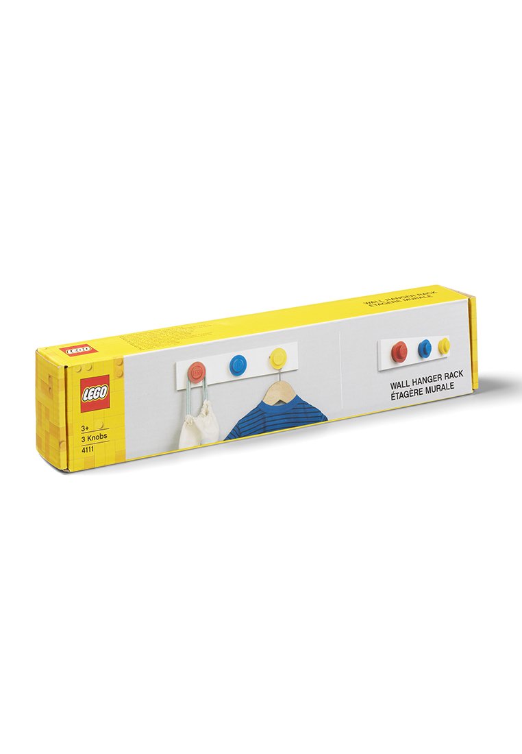Embalaje de un perchero de pared de LEGO con tres pomos redondos coloridos (rojo, azul, amarillo) sobre un fondo blanco, con un diseño de caja amarilla.