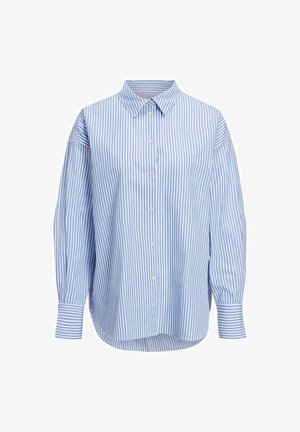Blue and white striped button-up shirt with a collar, long sleeves, a chest pocket, and a curved hemline. Made of lightweight fabric.