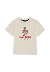Valkoinen puuvillapaita, jossa on graafinen kuva hymyilevästä jäätelötötteröstä, joka pitää tennismailaa, punaisella tekstillä "Ciao Bella" ja "Have a slice day!"