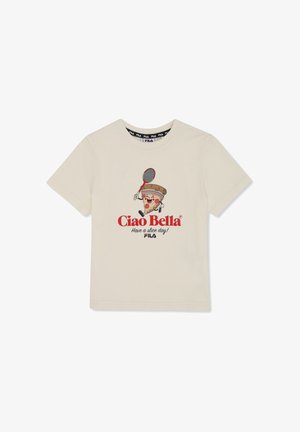 Camiseta de algodón color crema con un gráfico de un cono de helado sonriente sosteniendo una raqueta de tenis, con el texto rojo "Ciao Bella" y "¡Que tengas un buen día!"