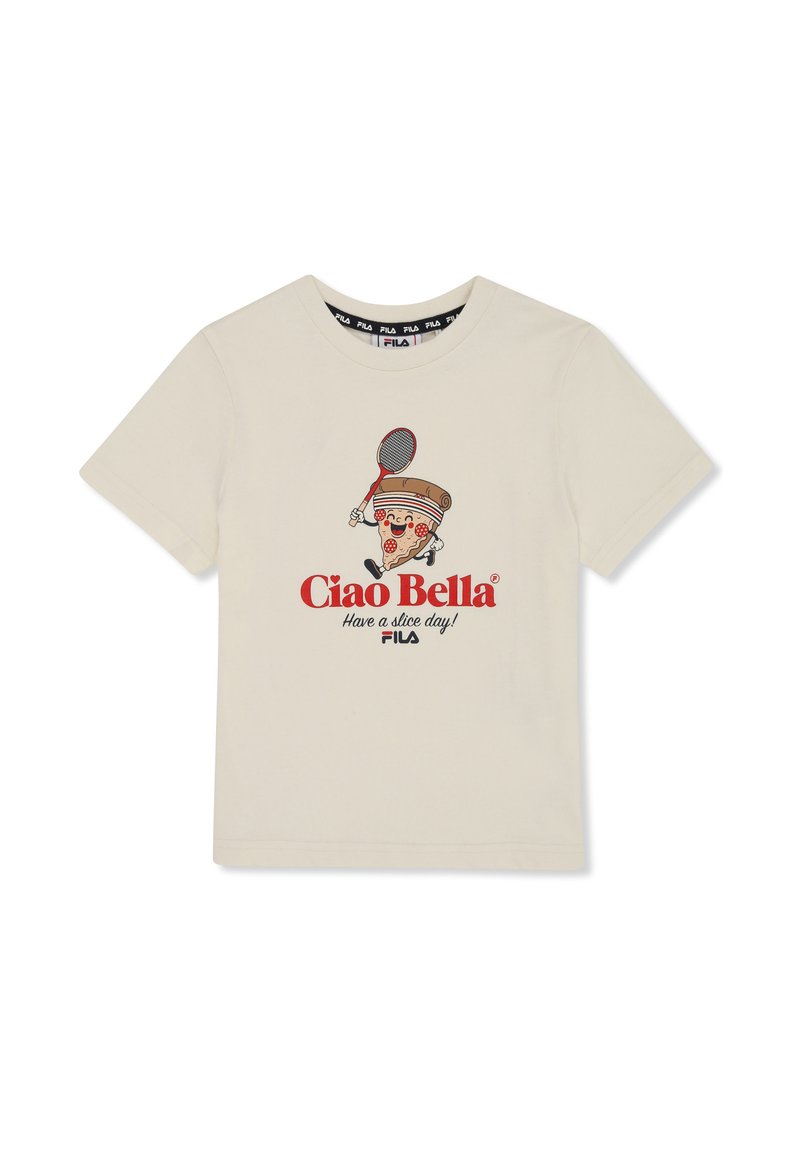 Valkoinen puuvillapaita, jossa on graafinen kuva hymyilevästä jäätelötötteröstä, joka pitää tennismailaa, punaisella tekstillä "Ciao Bella" ja "Have a slice day!"