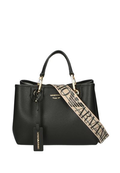 Black leather handbag with textured surface, gold-tone hardware, top handles, and a removable strap featuring a logo pattern.