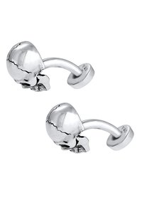 Silver skull cufflinks featuring a polished metal finish, curved bridge, and round backing. Notable detailing includes crack patterns on the skulls.