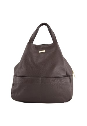 Brown leather handbag with textured surface, two short handles, gold hardware, and a zippered side pocket. Features a slouchy design.