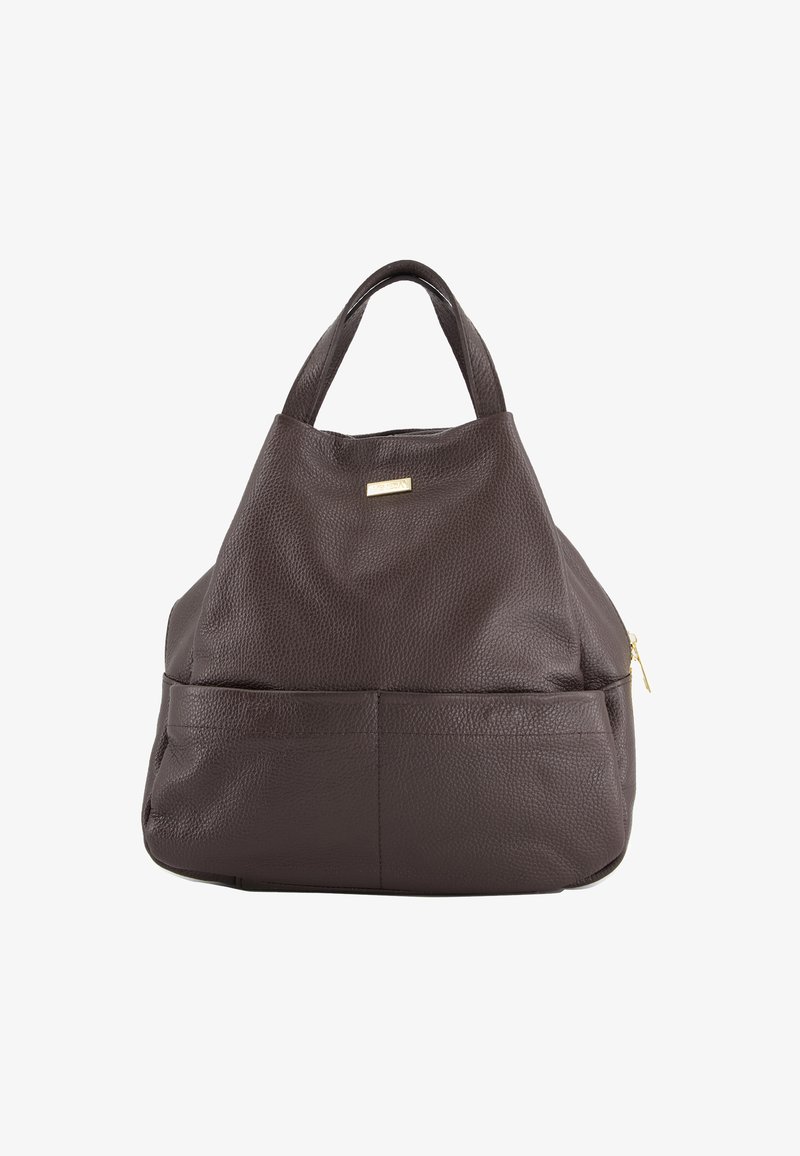 Braune Lederhandtasche mit strukturierter Oberfläche, zwei kurzen Griffen, goldfarbener Hardware und einer seitlichen Zippertasche. Verfügt über ein lässiges Design.