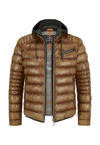 Braune gepolsterte Jacke mit einem Reißverschluss, grauem Kapuzen und schwarzen Akzenten. Verfügt über eine horizontale Steppstruktur und eine Brusttasche mit Reißverschluss.