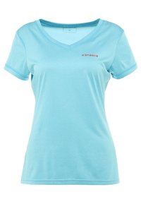 Světlomodré tričko s výstřihem do V z hladké, pružné látky. Krátké rukávy s kontrastním lemováním a malým červeným logem na levé straně hrudi.