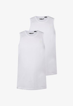 Witte mouwloze topjes van lichtgewicht stof, met een ronde halslijn en een subtiel logo aan de voorkant. Een paar identieke shirts.