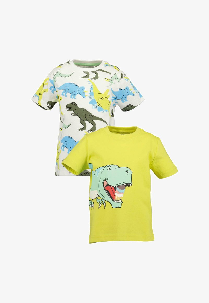 Twee kindert-shirts: één wit met kleurrijke dinosaurussenpatronen en één felgeel met een grote dinosaurustekening. Katoen, korte mouwen.