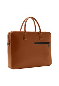 Brown leather briefcase with dual handles, a front horizontal zipper pocket, and an embossed circular logo on a white background.