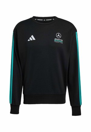 Czarna bluza z długimi rękawami, z turkusowymi paskami, okrągłym dekoltem oraz wyraźnymi logo: Mercedes, Petronas i Adidas.