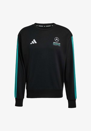 Zwart sweatshirt met lange mouwen, met turquoise strepen, een ronde hals en opvallende logo's: Mercedes, Petronas en Adidas.