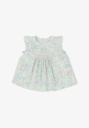 Robe bébé avec motif floral pastel, manches courtes volantées et détail froncé sur la poitrine, étalée à plat sur fond blanc.