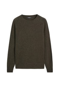 Tmavě zelený vlněný svetr s kulatým výstřihem, dlouhými rukávy a jemnou texturou. Minimalistický design bez vzorů nebo ozdob.