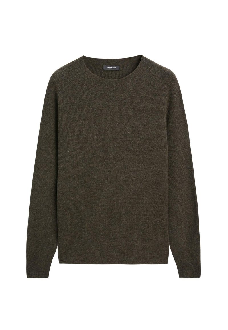 Tmavě zelený vlněný svetr s kulatým výstřihem, dlouhými rukávy a jemnou texturou. Minimalistický design bez vzorů nebo ozdob.