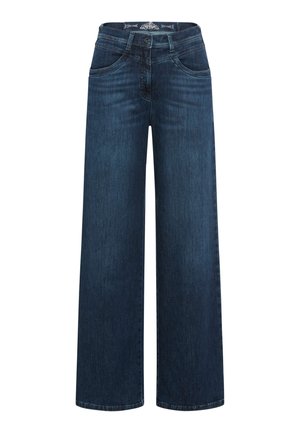 Jeans in denim a gamba larga di colore blu scuro. Realizzati in un tessuto robusto, presentano un classico design a cinque tasche e una chiusura con zip e bottone.