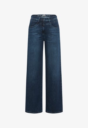 Jeans in denim a gamba larga di colore blu scuro. Realizzati in un tessuto robusto, presentano un classico design a cinque tasche e una chiusura con zip e bottone.