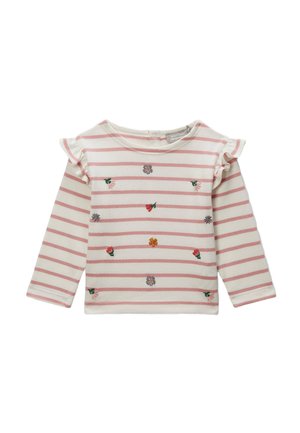 Chemise à manches longues couleur crème avec des rayures horizontales roses, de petites fleurs brodées et des détails à volants sur les épaules pour les tout-petits.