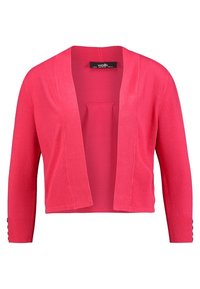 Koraalroze cardigan met korte mouwen, een open voorkant, geribbelde manchetten en knoopdetails op de mouwen. Gemaakt van zacht gebreid stof.