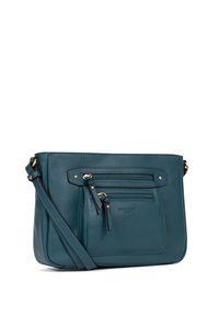 Borsa a tracolla in pelle teal con molteplici tasche con zip, una tracolla regolabile e dettagli in metallo dorato. Texture liscia con design elegante.